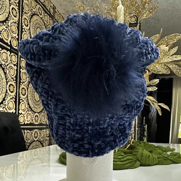 Handmade Blue Velvet Knit Beanie with Pom Pom Soft Winter Hat main image 6